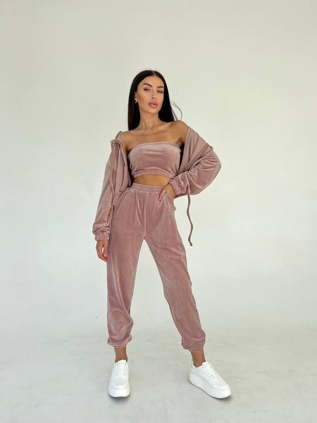 Костюм женский 3-ка велюровый (худи, джоггеры, топ) CRY-1085 (42 - 46 р.) Мокко CRY-1085 фото