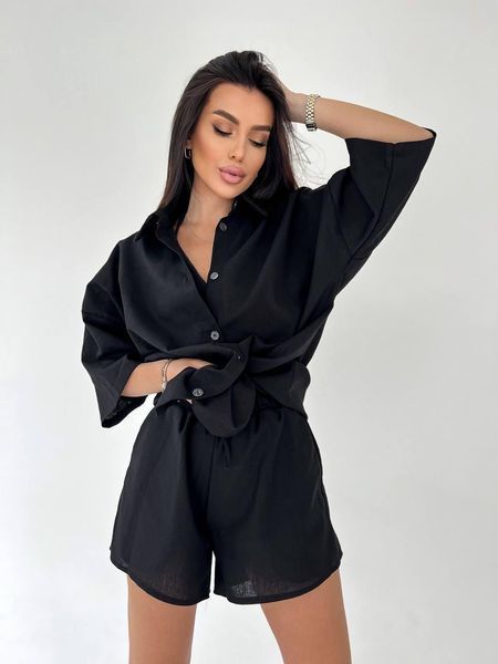 Костюм тройка женский льняной (рубашка, топ и шорты) CRY-1074 (42 - 46 р) Чёрный CRY-1074 фото